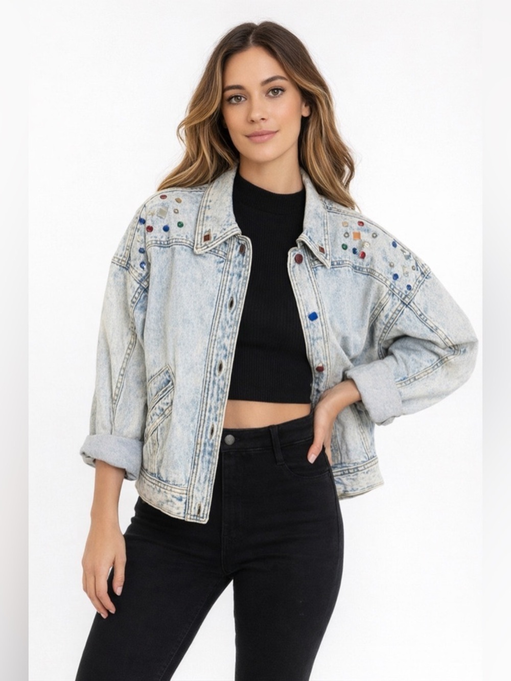 Vintage Braetan 1980s Denim Bomber Jacket Sz S Rhinestones Oversized Shoulderpad